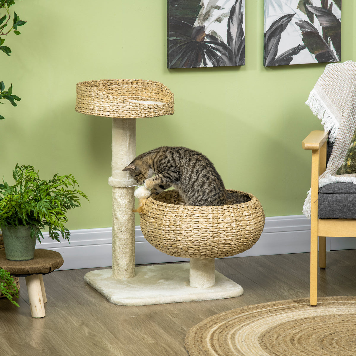 28" Elevated Cat Bed with Sisal Scratching Post